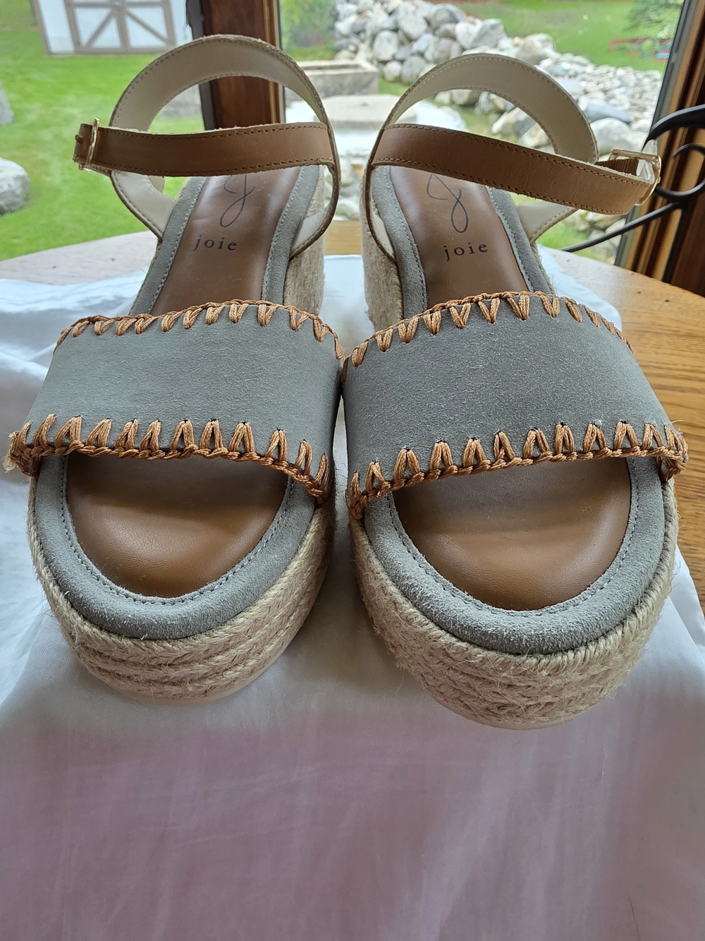 NEW Joie Women's Gray Suede Espadrille Platform Sandals w Tan Trim Size 7.5